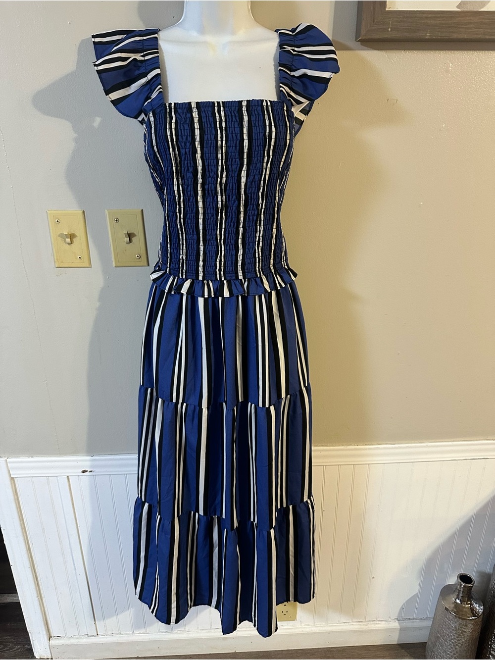 Smocked Navy and White Striped Maxi Dress